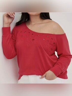 Torrid Off-Shoulder Lightweight French Terry Embroidered Sweatshirt Pink Size 5X